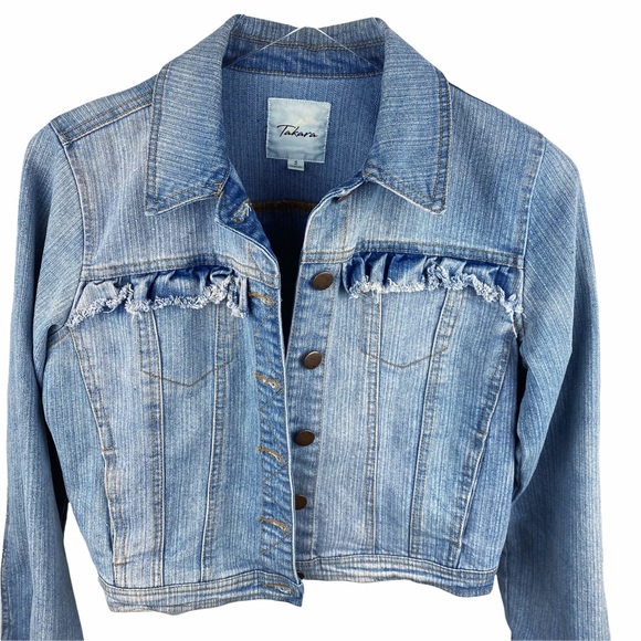 Takara Ruffle Distressed Vintage Crop Denim Jean Jacket Small - Picture 2 of 4